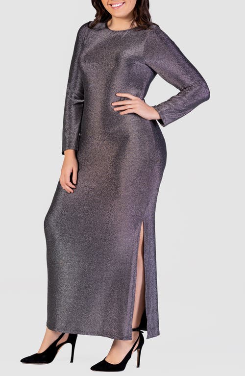 24seven Comfort Apparel Shimmery Long Sleeve Maxi Dress In Silver