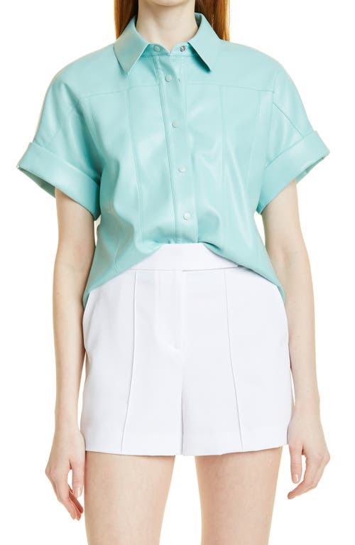 Alice + Olivia Alice & Olivia Edyth Short Sleeve Faux Leather Button-Down Shirt in Breeze