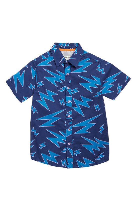 Sovereign Code Kids' Dock Lightning Print Short Sleeve Button-up Shirt In Zing/ Navy