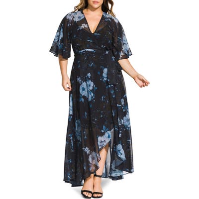 Plus Size City Chic Bonsai Floral Wrap Maxi Dress, Black