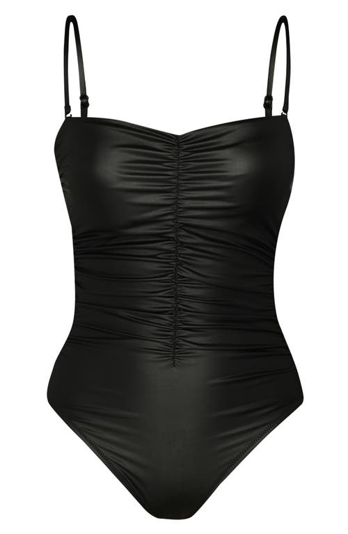 L Agence Luxe Leather Aubrey Ruched One-piece Swimsuit In Black