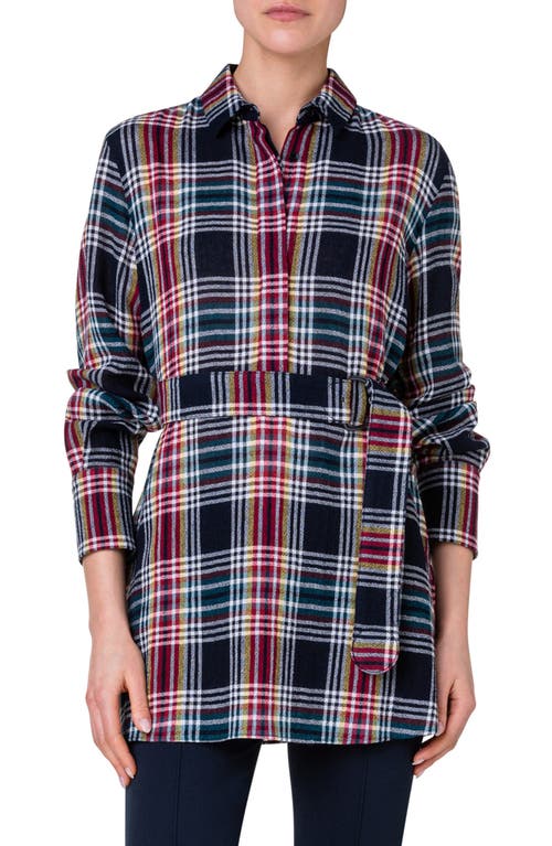 Akris punto Tartan Plaid Belted Tunic Top Blue/Red Multi at Nordstrom,