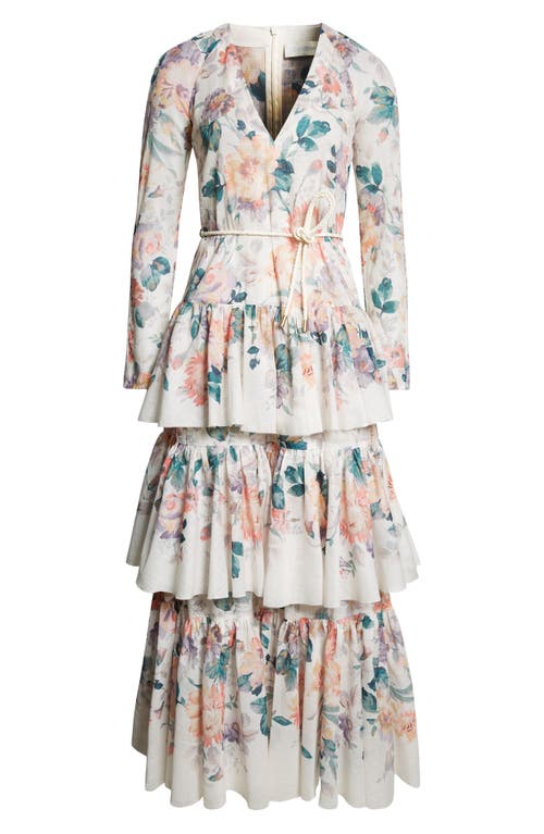 Zimmermann Beige Acacia Printed Cotton Long Dress In Cream Multi Floral