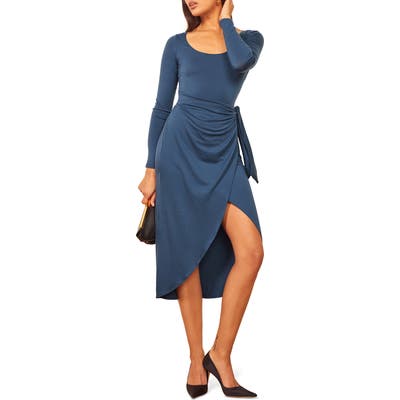 Reformation Elisa Tie Waist Long Sleeve Dress, Blue