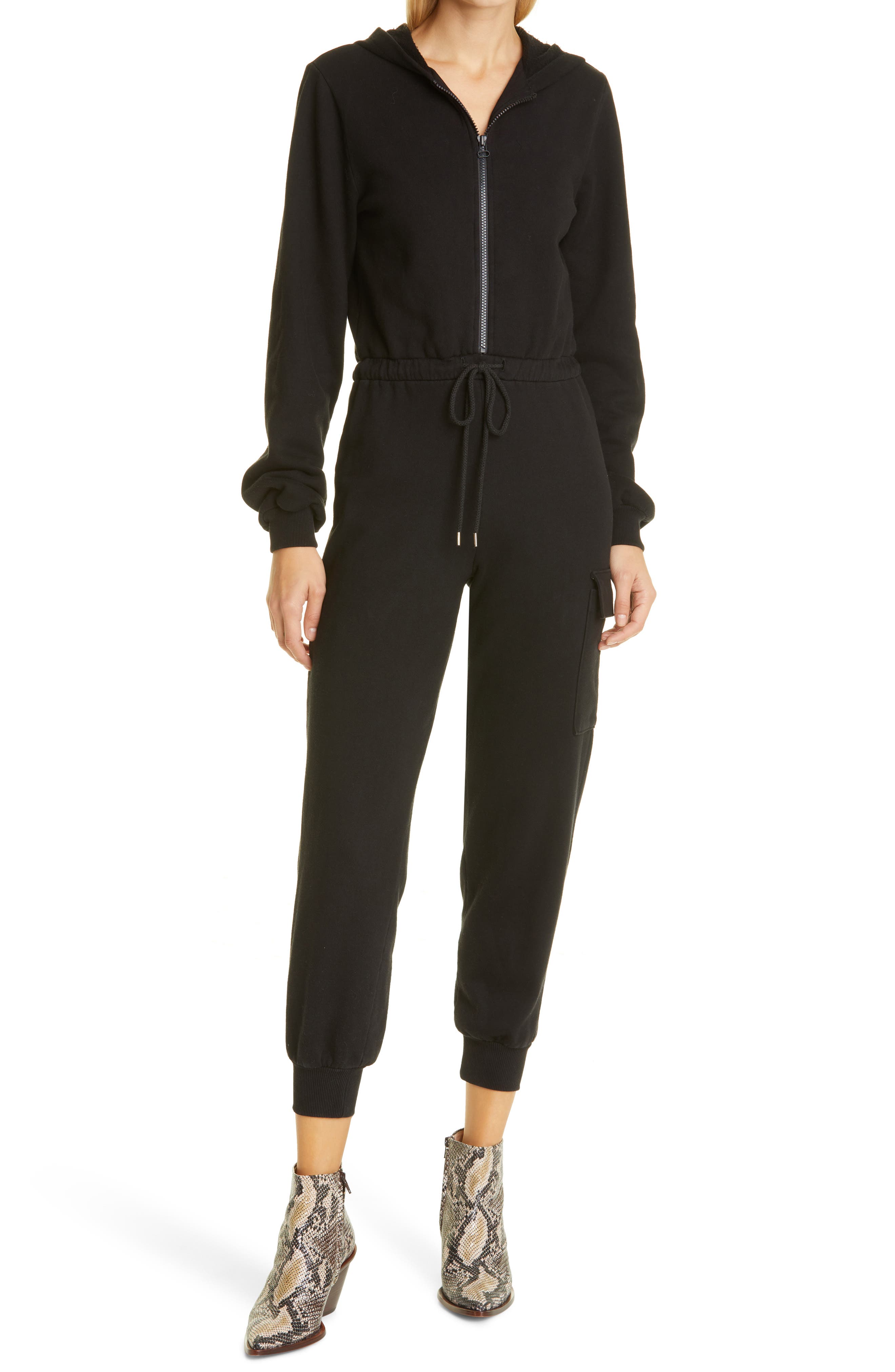 The Range French Terry Hooded Jumpsuit in Jet Black at Nordstrom