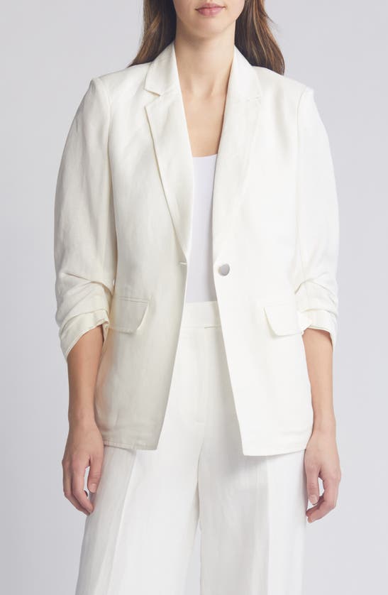 Anne Klein Gathered Sleeve Linen Blend Blazer In Bright White