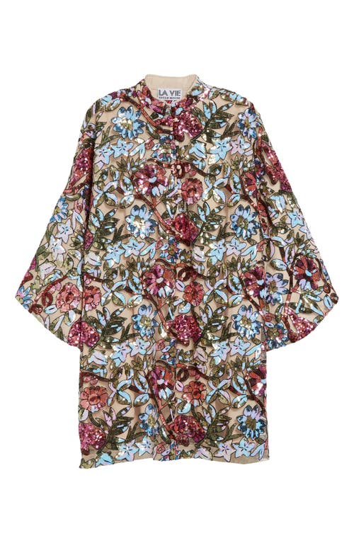 La Vie Style House Jewel Floral Sequin Caftan In Multi Ivory/ Floral Print