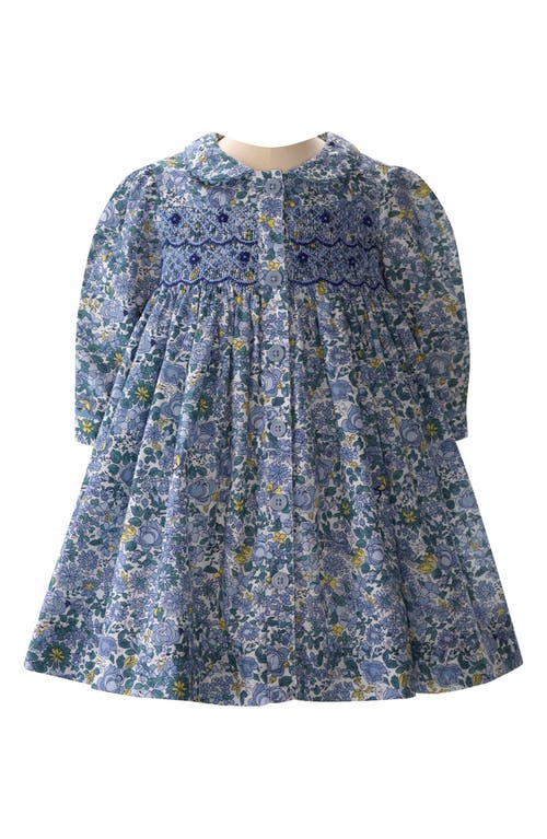 Rachel Riley Floral Smocked Long Sleeve Cotton Dress & Bloomers in Blue 