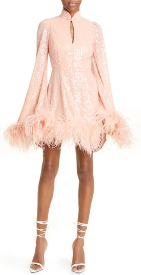 SAU LEE Bianca Sequin Feather Trim Long Sleeve Dress | Nordstrom