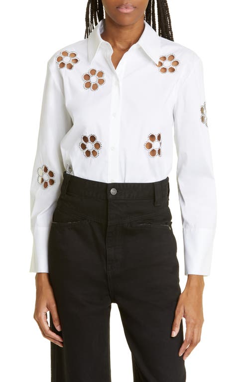 Alice + Olivia Finley Embroidered Cutout Button-Up Shirt in Off White