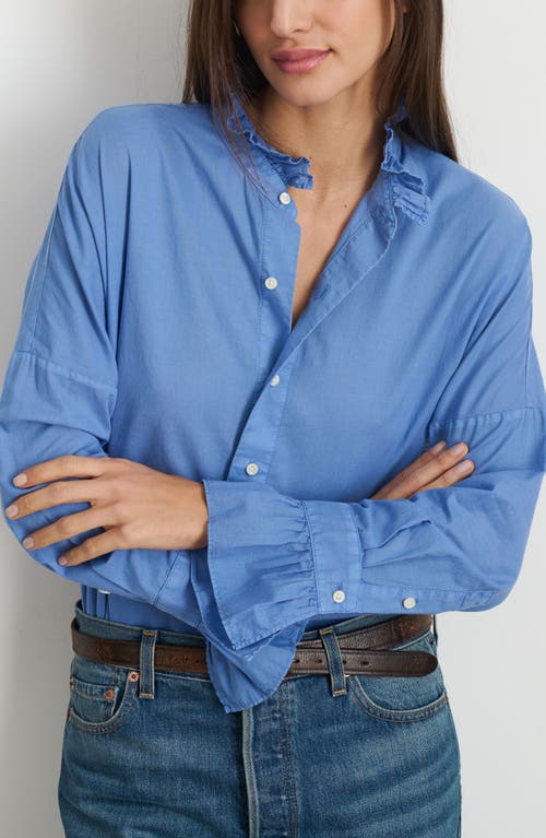 Blake Ruffle Neck Cotton Button-Up Shirt in Coastal Blue