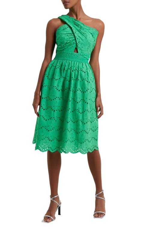 French Connection Appelonga Anglaise One-Shoulder Midi Dress in Poise Green