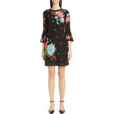 Erdem Floral Flare Sleeve Silk Crepe De Chine Shift Dress, US / 16 UK - Black