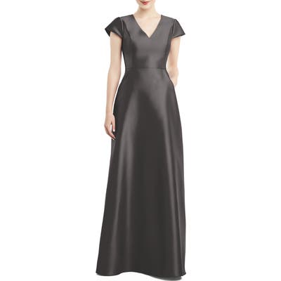 Alfred Sung V-Neck Satin Cap Sleeve Gown, Grey
