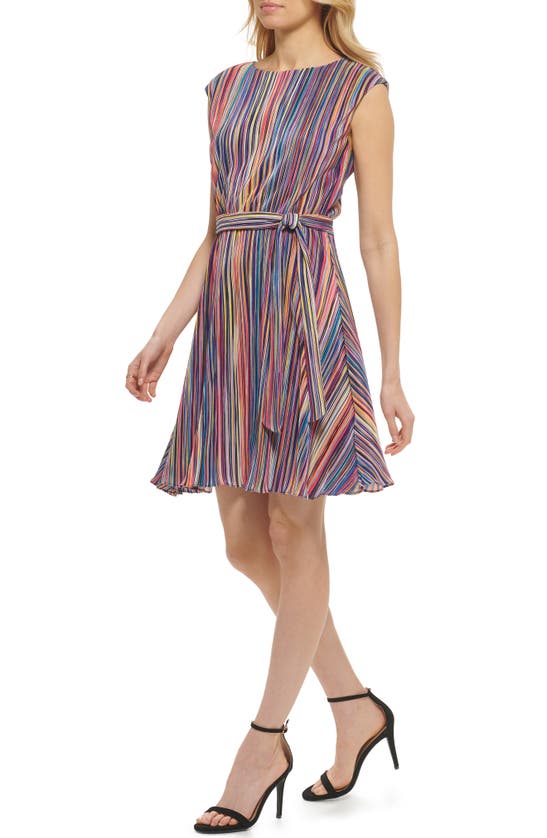 Dkny Pleated Multicolor Cap Sleeve Dress In Iris Multi