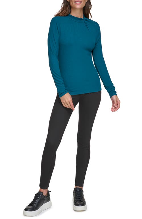 Andrew Marc Sport Twisted Mock Neck Long Sleeve Ribbed Top In Moody Teal
