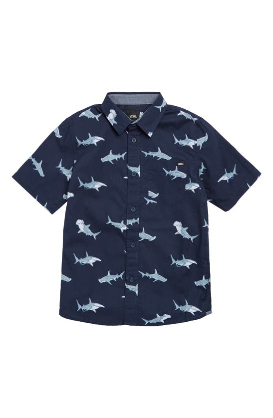 Vans Kids' Shark Print Short Sleeve Button-up Shirt In Dress Blues