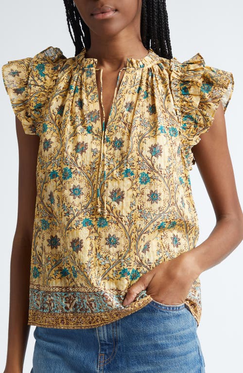 Shop Ulla Johnson Fleur Floral Ruffle Shoulder Split Neck Top In Daylily