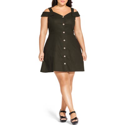 Plus Size City Chic Safari Cold Shoulder Linen Blend Dress, Green