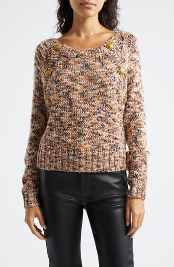Ramy Brook Alden Button Shoulder Marled Crewneck Sweater In Neutral Knit