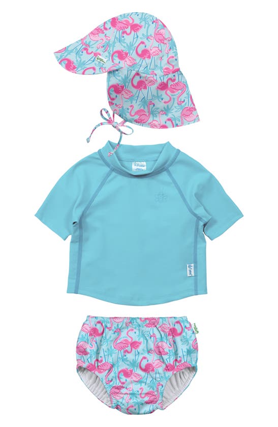 Green Sprouts Babies' Bucket Sun Hat, Long Sleeve Rashguard & Reusable Swim Diaper Set In Aqua Palm Flamingo