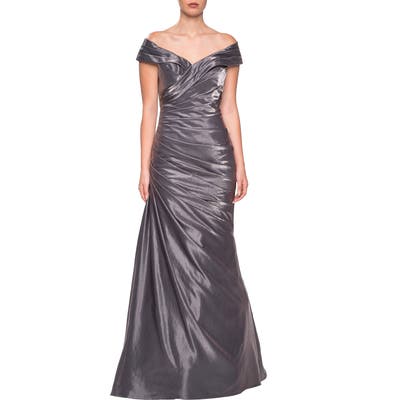 La Femme Ruched Two-Tone Satin Gown, Grey