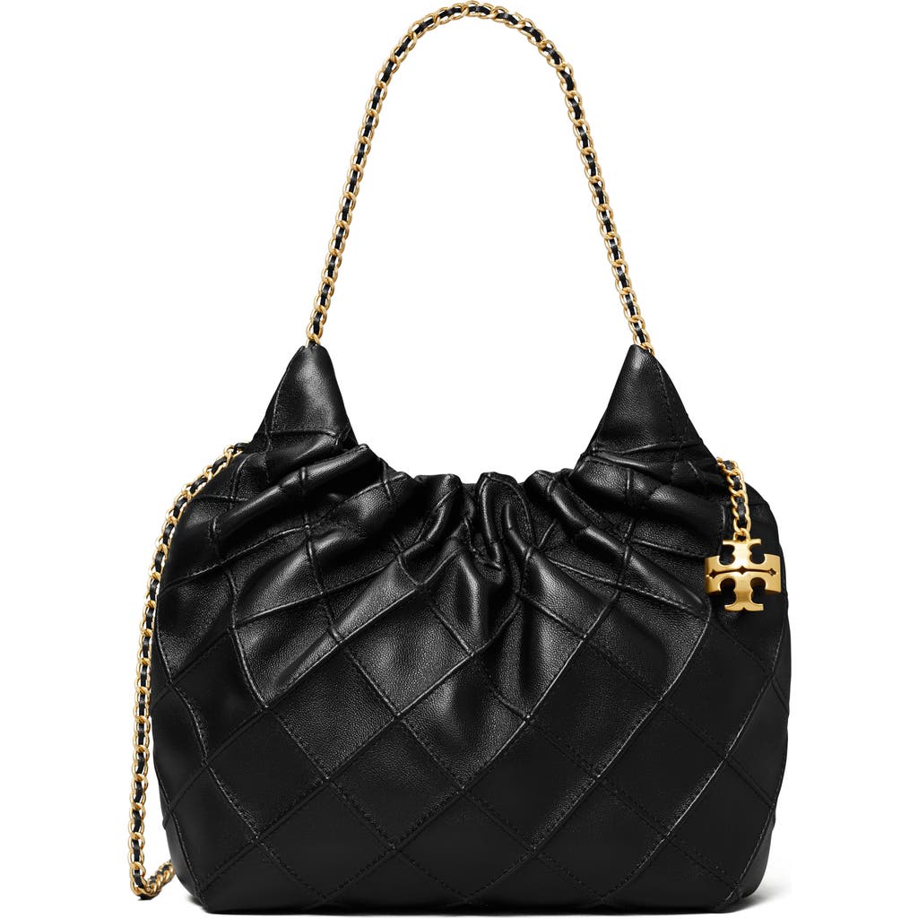 Tory Burch Mini Fleming Hobo Leather Shoulder Bag In Black