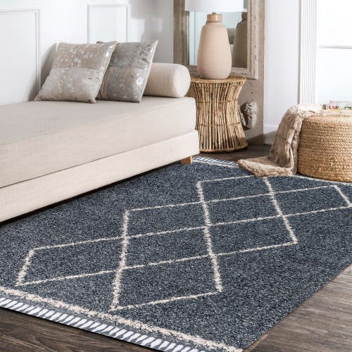 Jonathan Y Mercer Shag Plush Tassel Moroccan Geometric Trellis Denim Area Rug In Denim Blue/cream