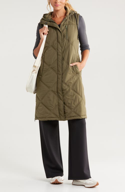 Shop Zella Long Hooded Puffer Vest In Olive Night