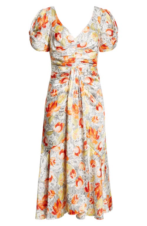 Cinq À Sept Ximena Draped Floral Puff-sleeve V-neck Midi Dress In Ivory Multi