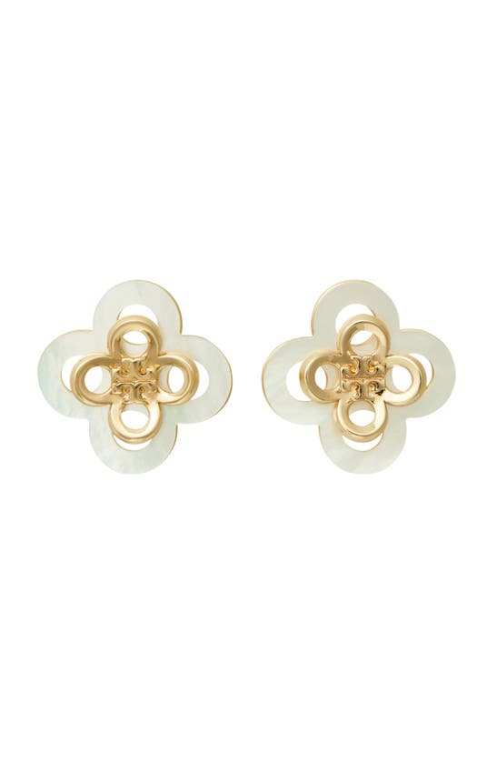 Shop Tory Burch Kira Stacked Clover Stud Earrings In Tory Gold / Mother Of Pearl