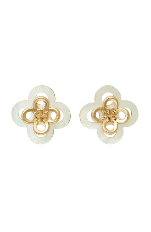 Tory Burch Kira Stacked Clover Stud Earrings In Tory Gold/mother Of Pearl