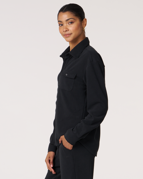 Shop Rebody Active Retreat Waffle Button Down Shirt In Black