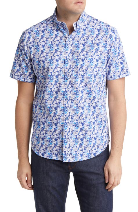 Johnston & Murphy Short Sleeve Pirate Print Shirt Blue | Large