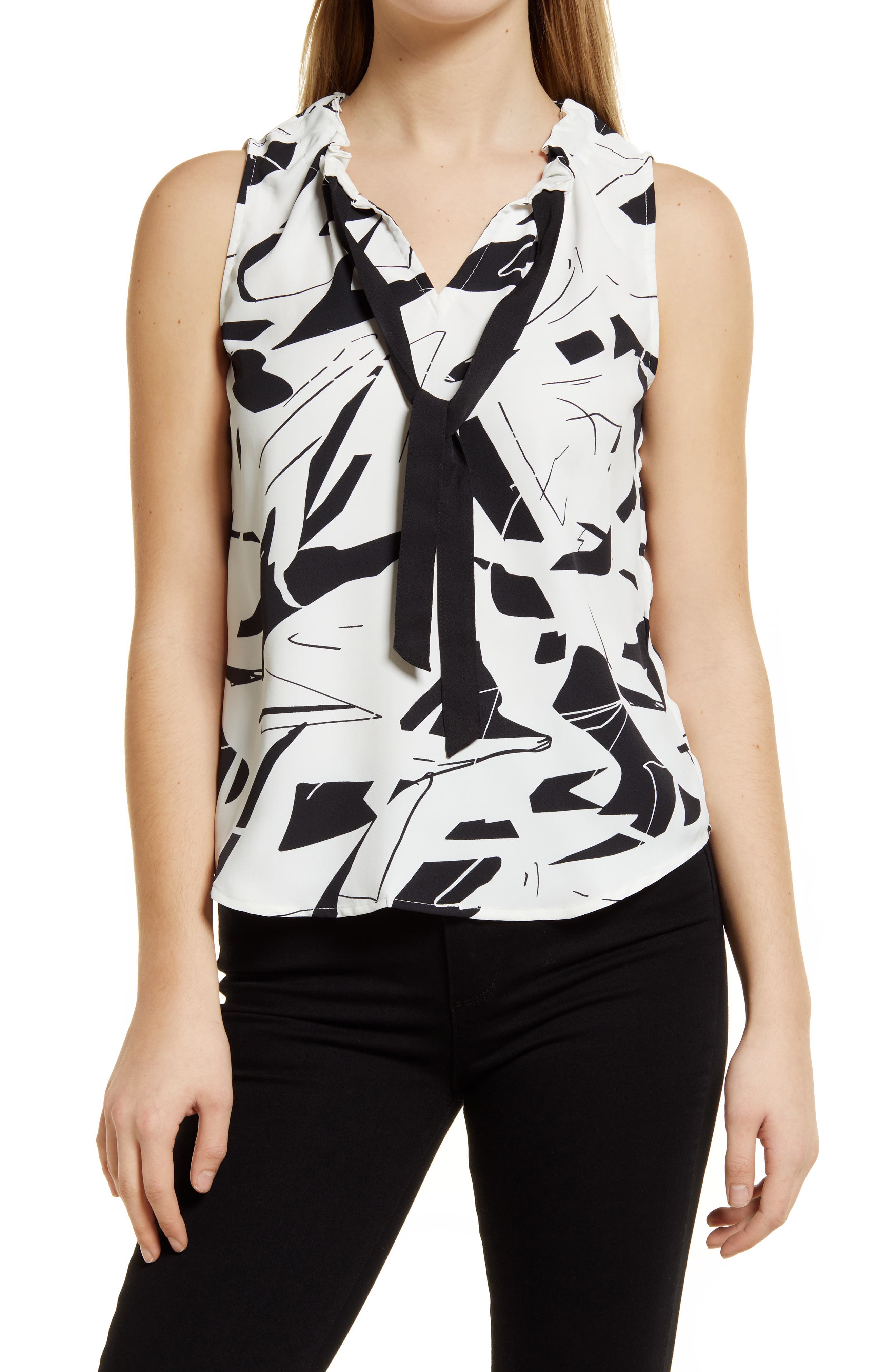 vince camuto printed sleeveless blouse