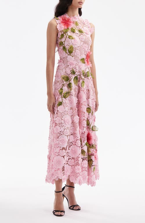 Shop Oscar De La Renta Hibiscus Embroidered Lace Midi Dress In Soft Pink