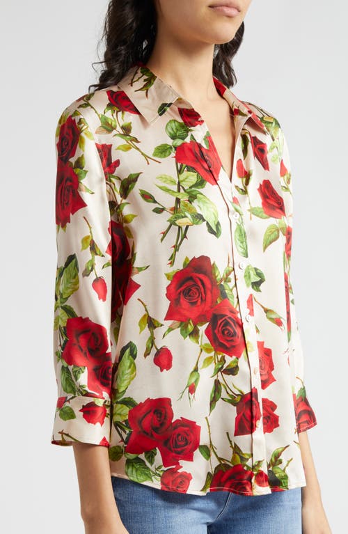 Shop L Agence L'agence Dani Rose Print Silk Button-up Shirt In Sand/red Romantic Rose