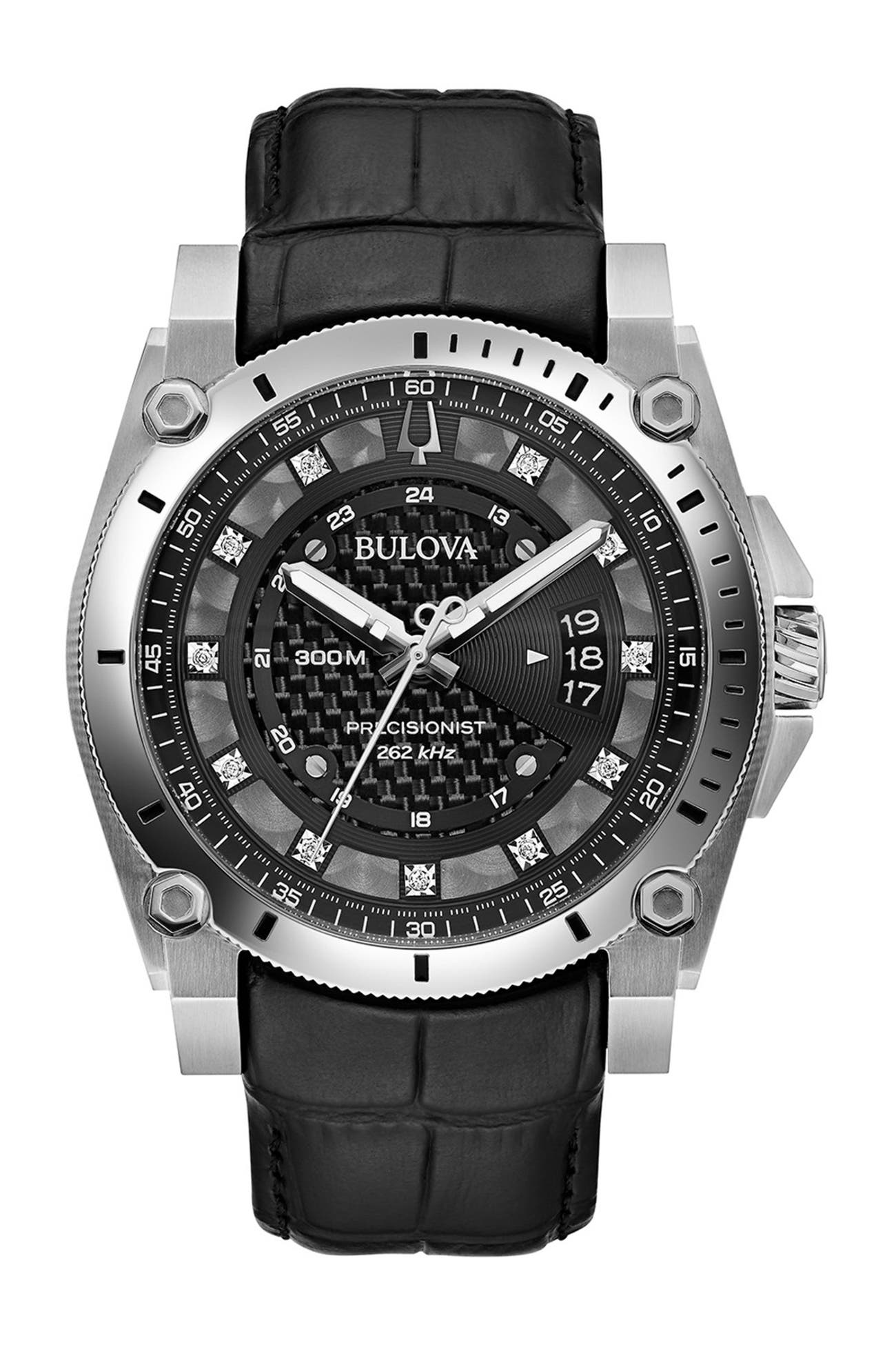 Bulova | Men's Precisionist Diamond Black Leather Strap Watch, 46.5mm