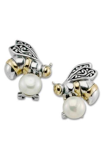 Samuel B. 18k Yellow Gold & Sterling Silver 7-8mm Natural Pearl Bee Stud Earrings In White