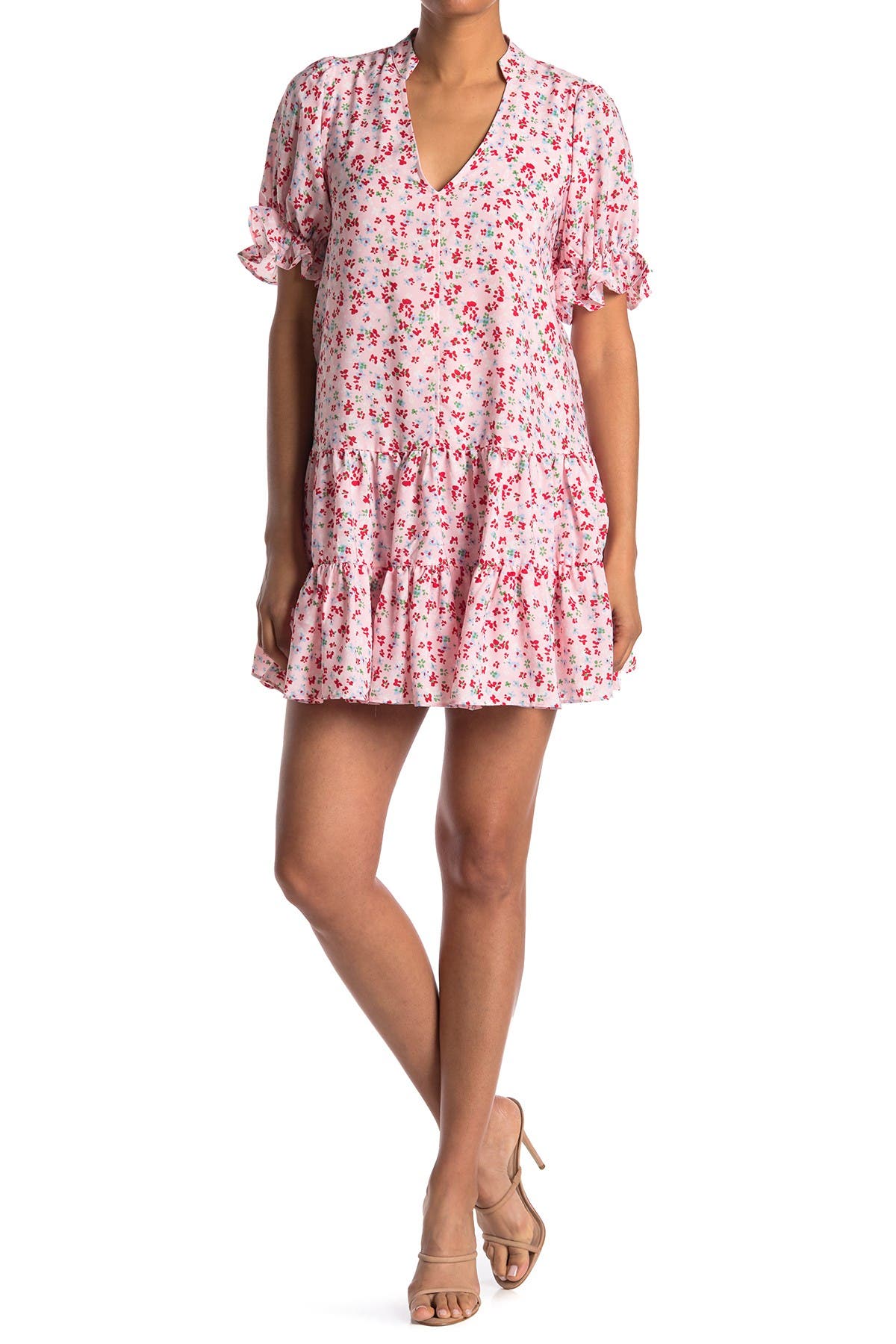 Melloday Floral Print Tiered Babydoll Dress In Open Pink4
