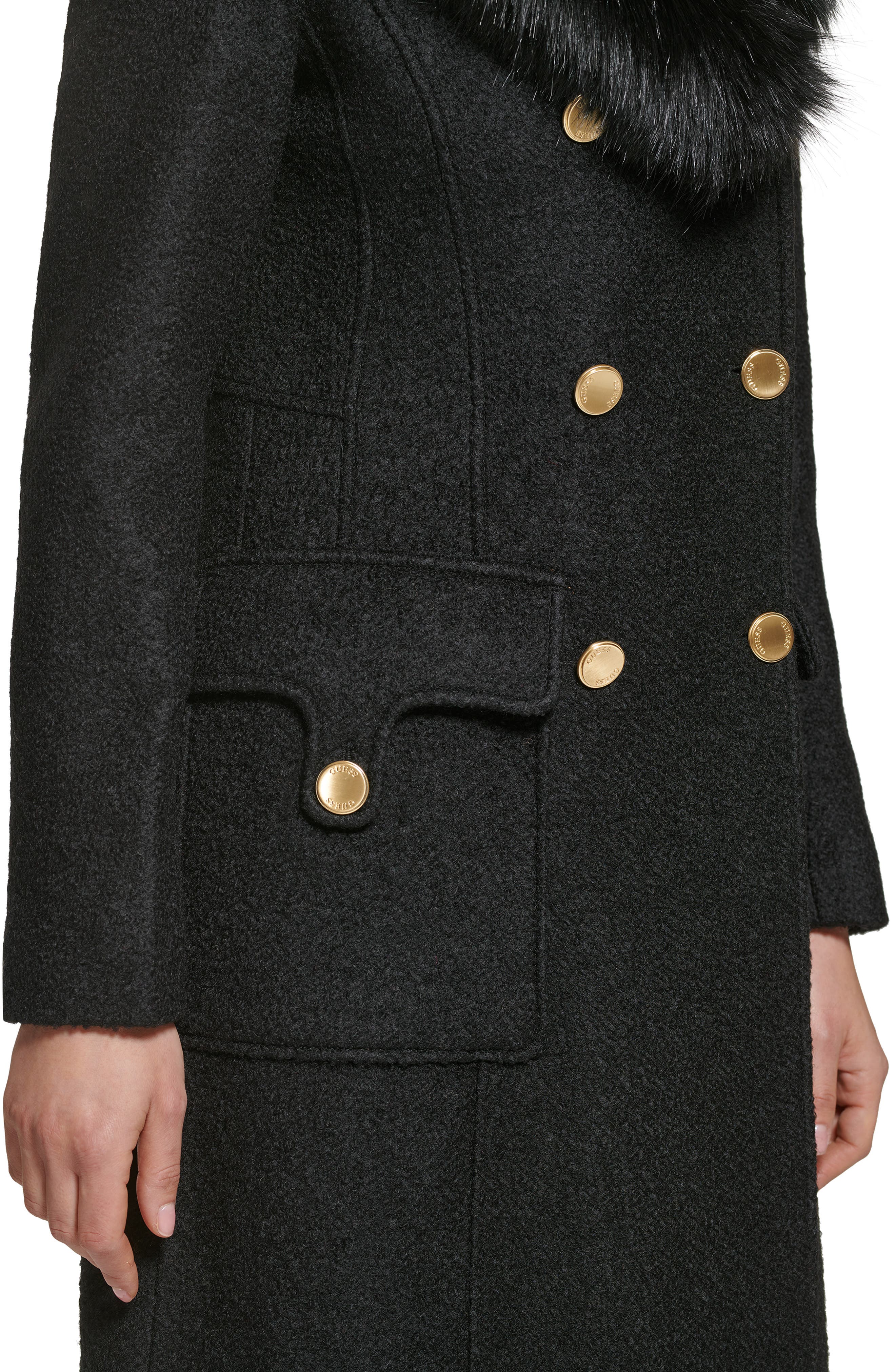GUESS Women's Faux Fur Collar Double Breasted Walker Coat Black Size Small