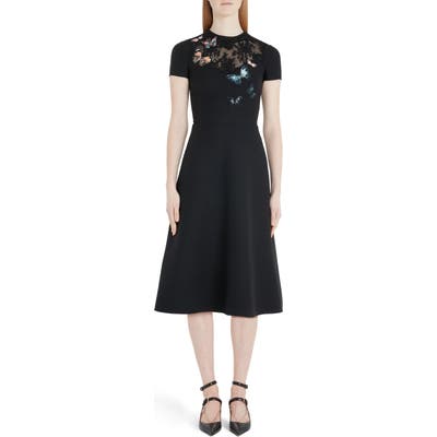 Valentino Butterfly Embroidered Lace Panel Midi Dress, US / 42 IT - Black