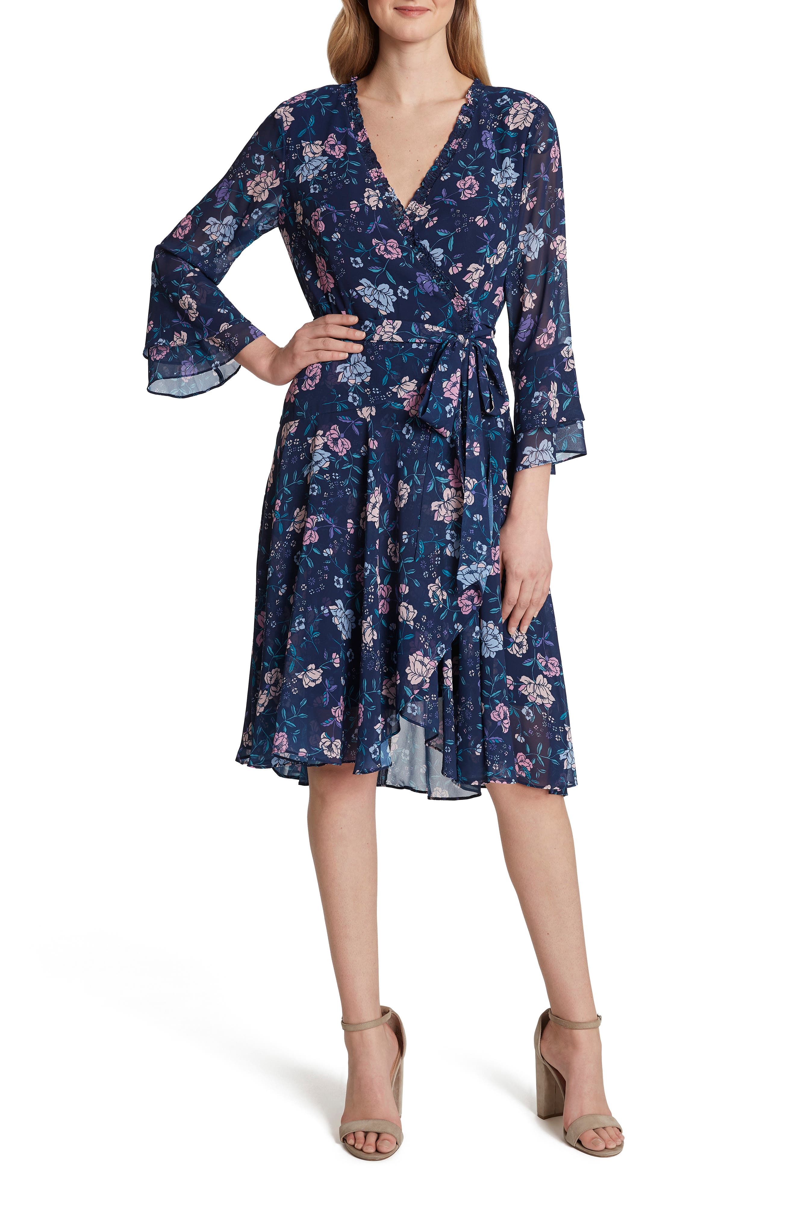 Tahari | Floral Long Sleeve Faux Wrap Chiffon Dress | HauteLook