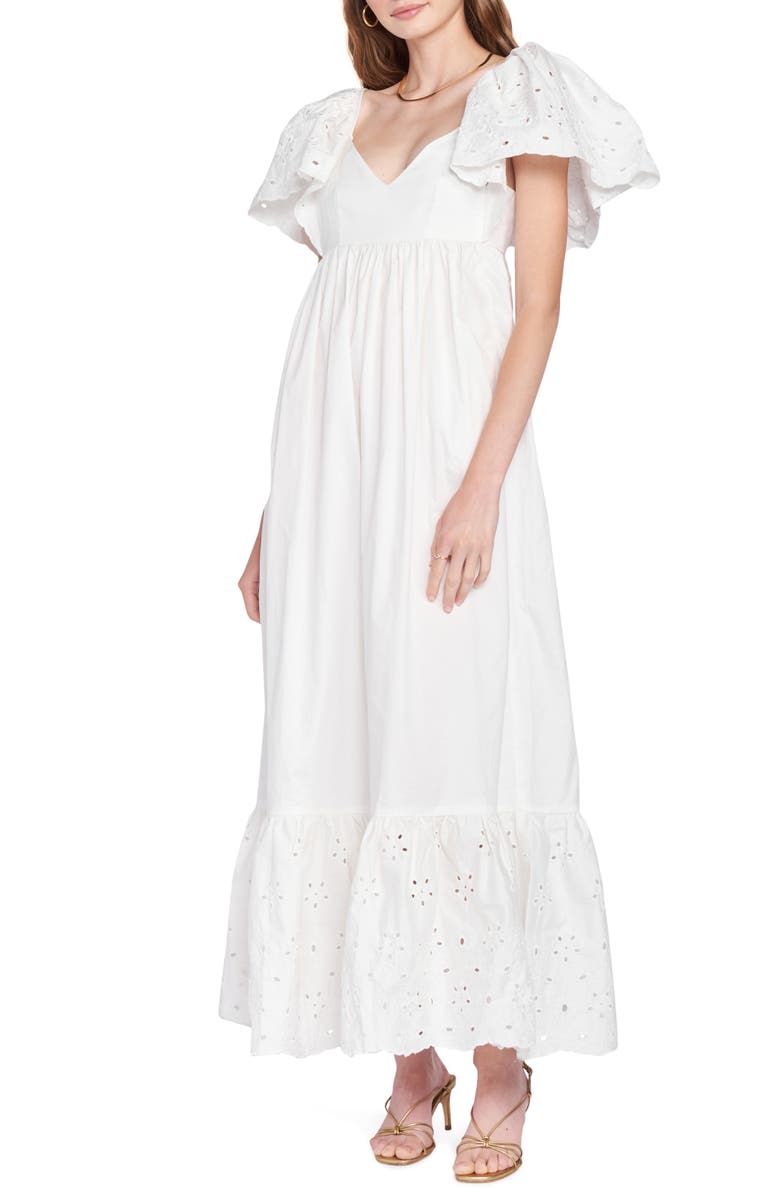 EN SAISON Eyelet Detail Flutter Sleeve Poplin Maxi Dress, Main, color, OFF WHITE