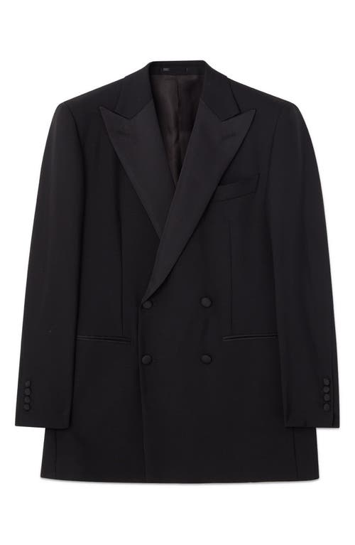 Solid Wool Double Breasted Blazer in Black Wool Mohair