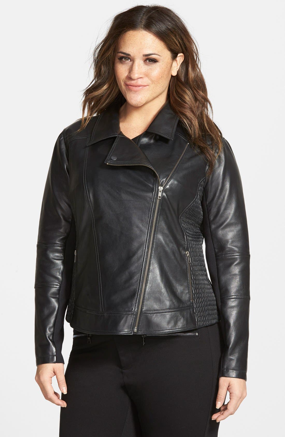 Halogen® Smocked Side Leather Moto Jacket (Plus Size) Nordstrom