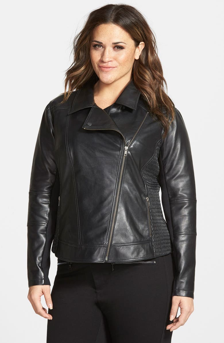Halogen® Smocked Side Leather Moto Jacket (Plus Size) | Nordstrom