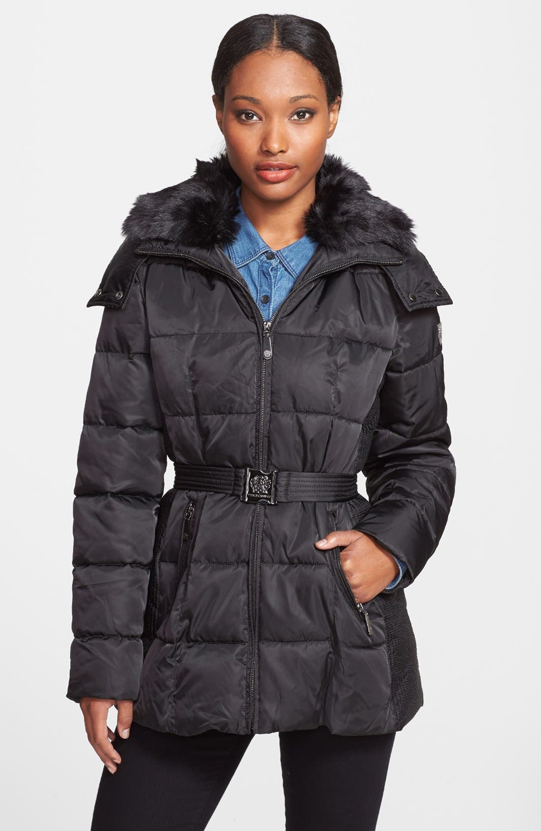 Vince Camuto Belted Puffer Coat With Faux Fur Collar | Nordstrom