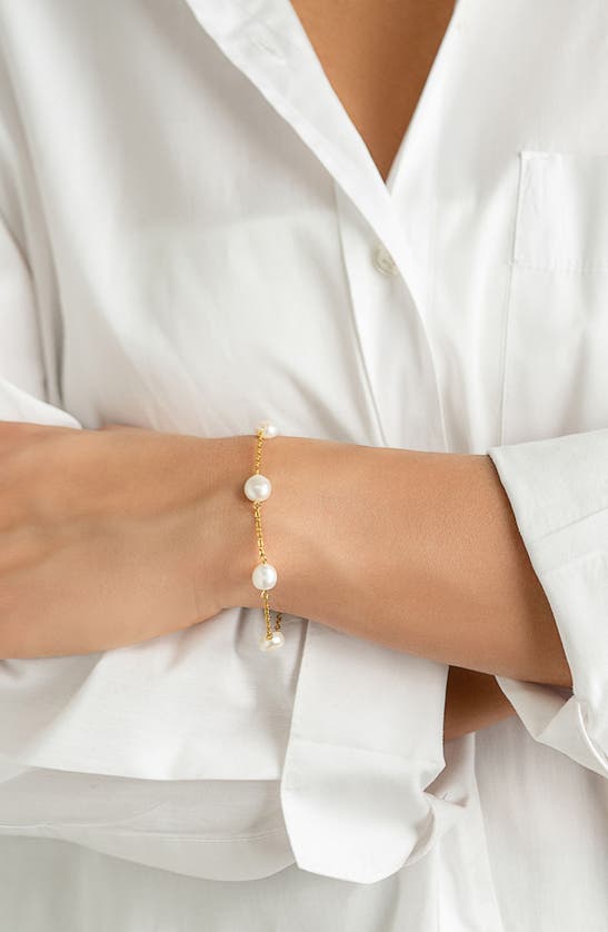 Adornia Tarnish Resistant 14k Gold Plated Adjustable Station Freshwater Pearl Bracelet In Gold