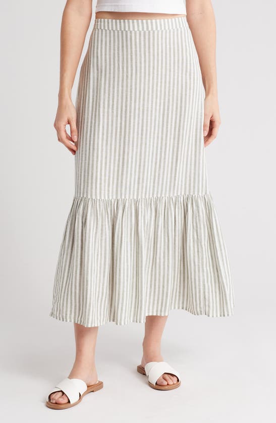 Shop Caslon ® Stripe Tiered Linen Blend Midi Skirt In Green- Ivory Brianne Stripe